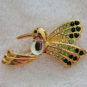 Vintage Monet Hummingbird With Clear Jelly Belly And Green Rhinestone Eye Brooch